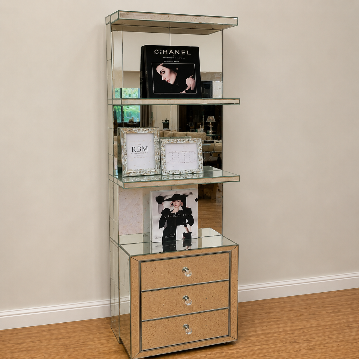 Mirrored Bedside Table with Shelves