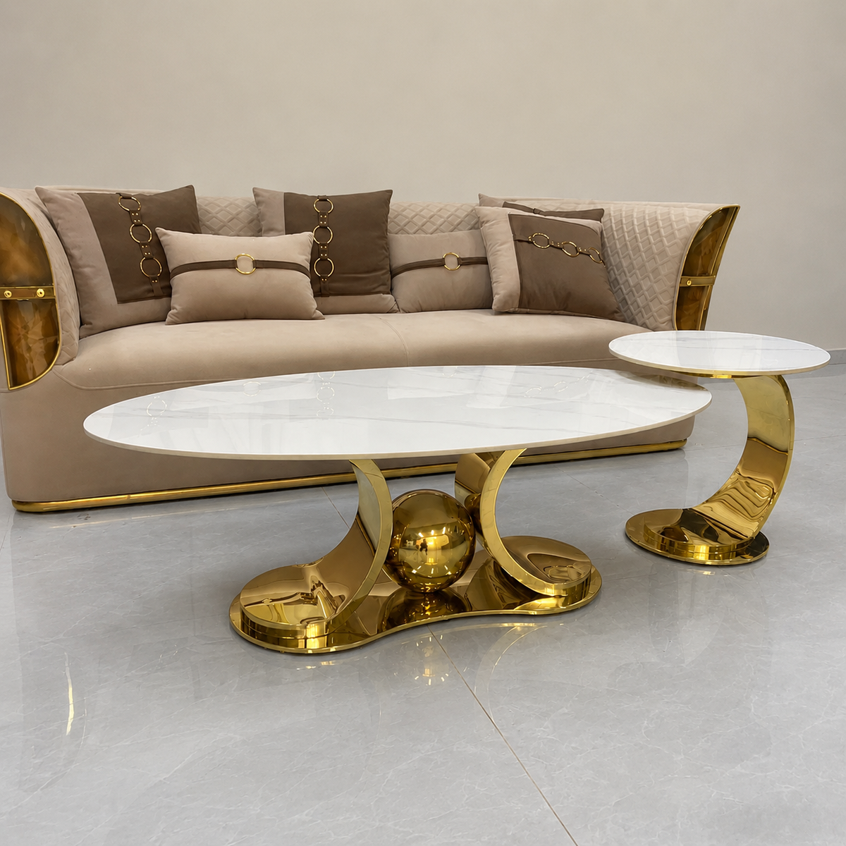 Oval Sintered Stone Coffee Table &amp; Side Table - C2503