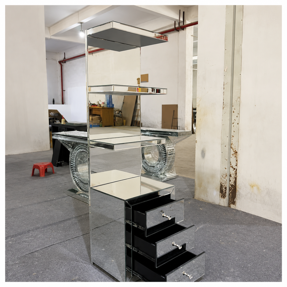 Mirrored Bedside Table with Shelves