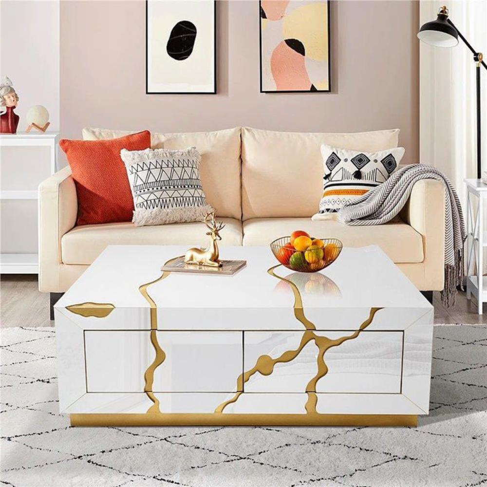 White Glass with Gold on MDF Material Coffee Table
