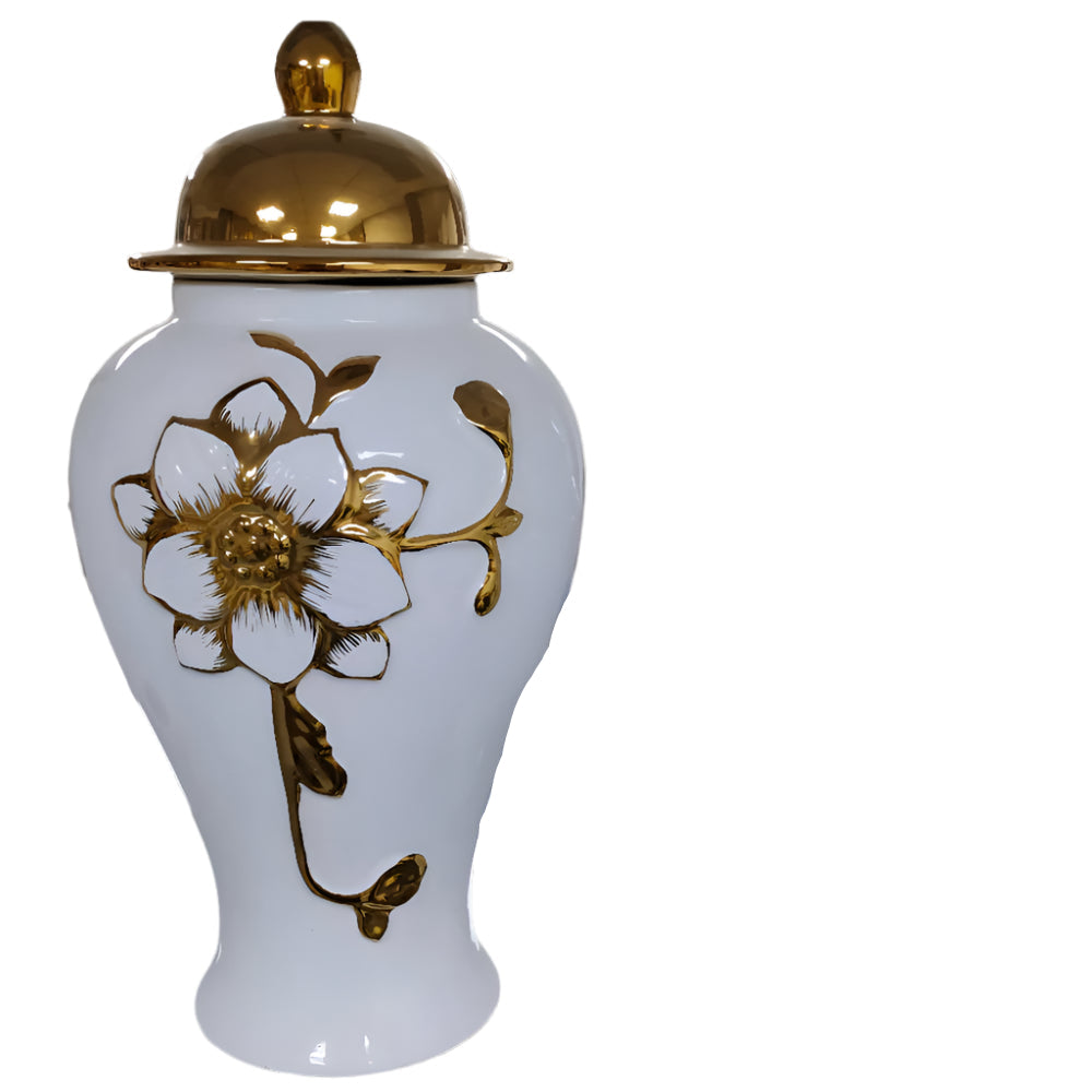 Classy Big White and Gold Ceramic Decorative Vase / Jar with Lid