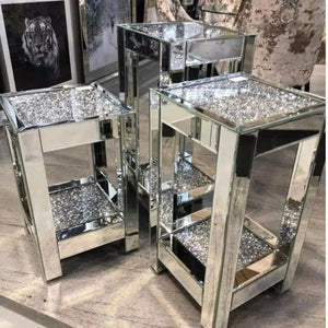 Elegant 3 Set Classy Modern Silver Diamond Crushed Glass Side Table