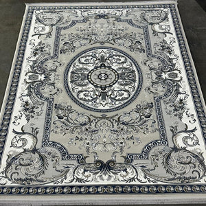 Modern, Luxury and Classy Comfortable Turkish Handmade Carpet in Cream with Grey and Blue Patterns
