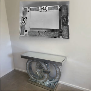 Silver Diamond Crushed Mirrored Glass GG Style Hallway Console Table and Mirror set