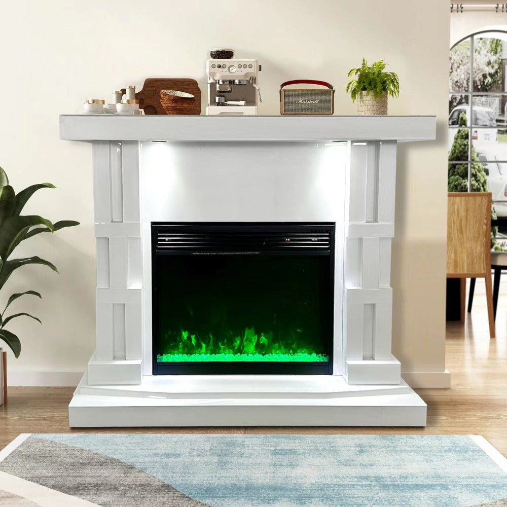 White Glass Fireplace Reflector with Bluetooth