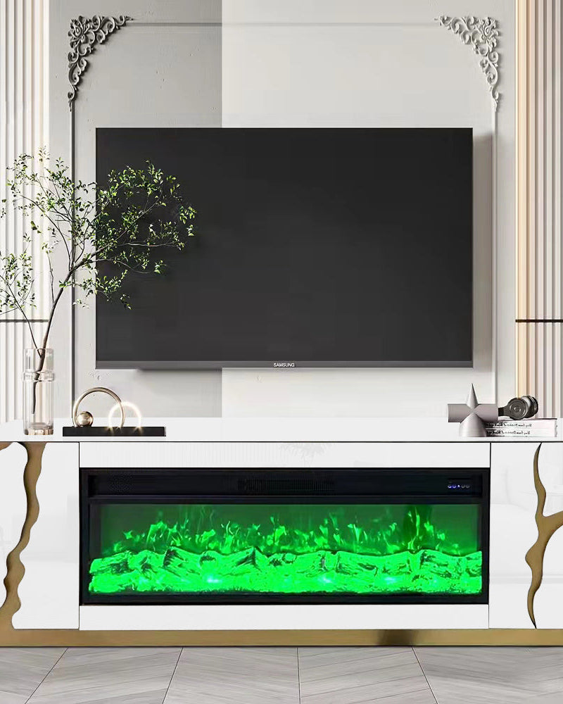 White and Gold MDF TV Unit with Fireplace Reflector