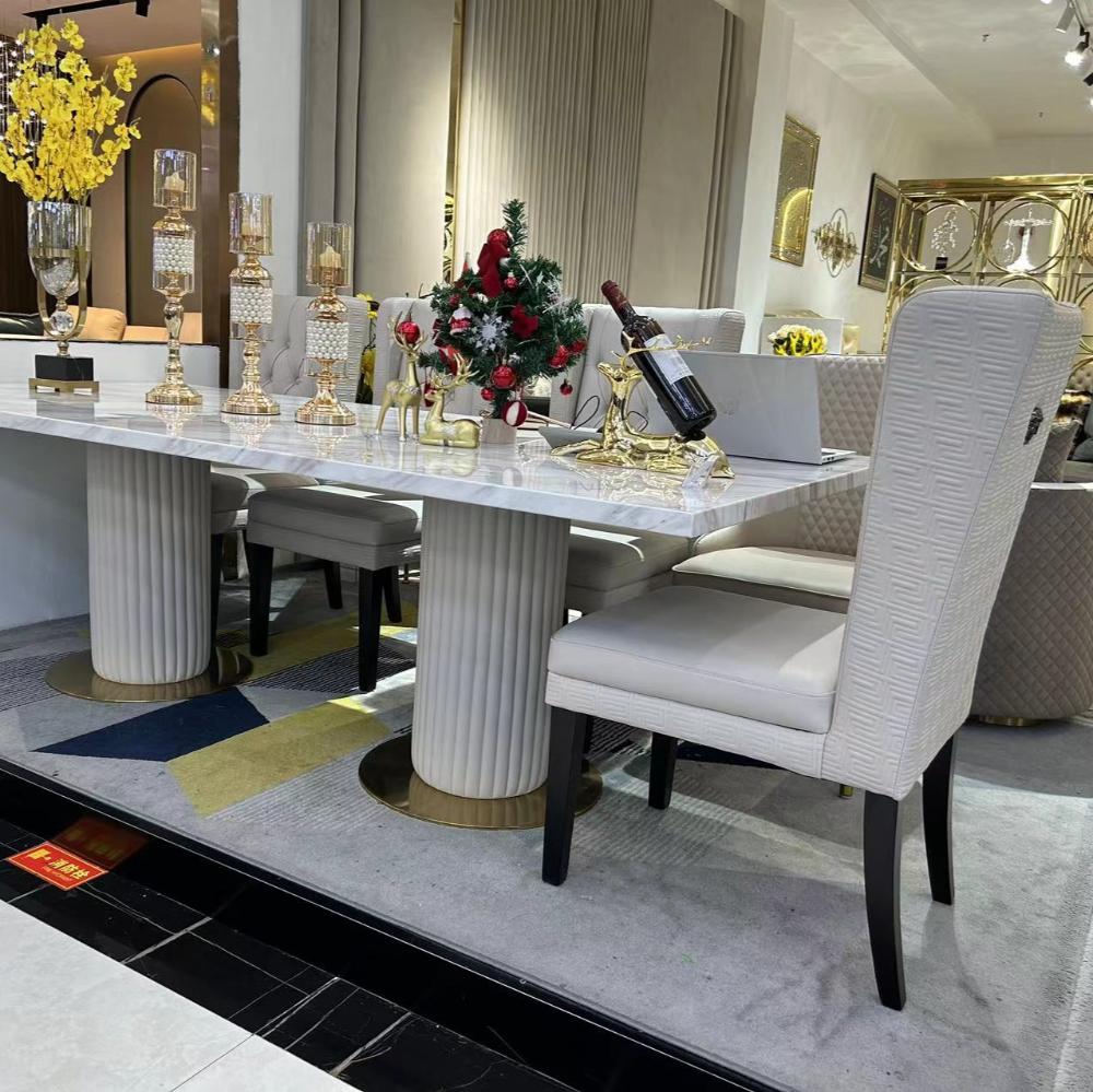 Exclusive Marble Dining table with Silver Modern Black Velvet Dining Room Chairs in Gold Stainless Steel Frame