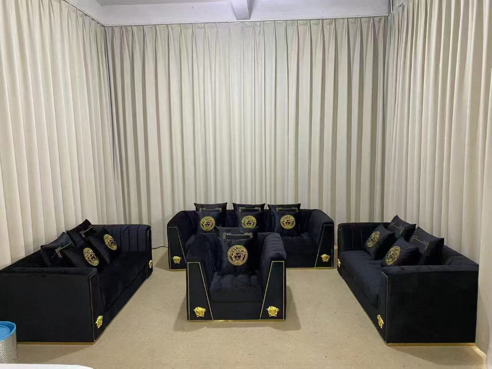 Melton Furniture Store. Classy Black Holland Velvet Sofa set of 7 with Golden Trim Edges and Versace Design at RBM Classic Home