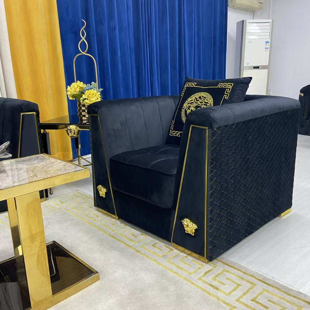 Classy Black Holland Velvet Sofa set of 7 with Golden Trim Edges and Versace Design at RBM Classic Home