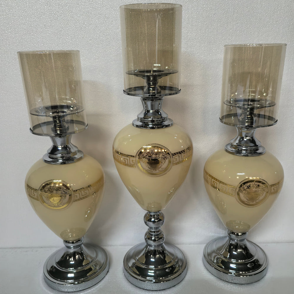 Classy Silver Alloy Frame with Glass Material Candleholders Set of 3