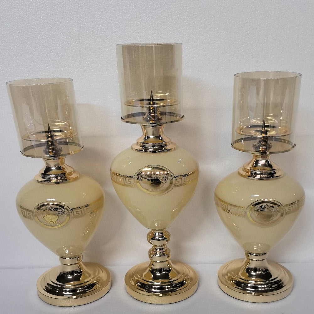 Classy Gold Alloy Frame with Cream Glass Material Candleholders Set of 3