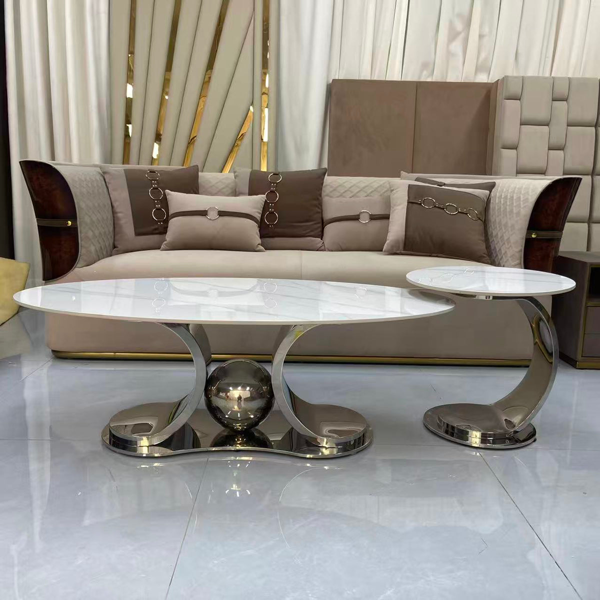Oval Sintered Stone Coffee Table and Side Table - C2503