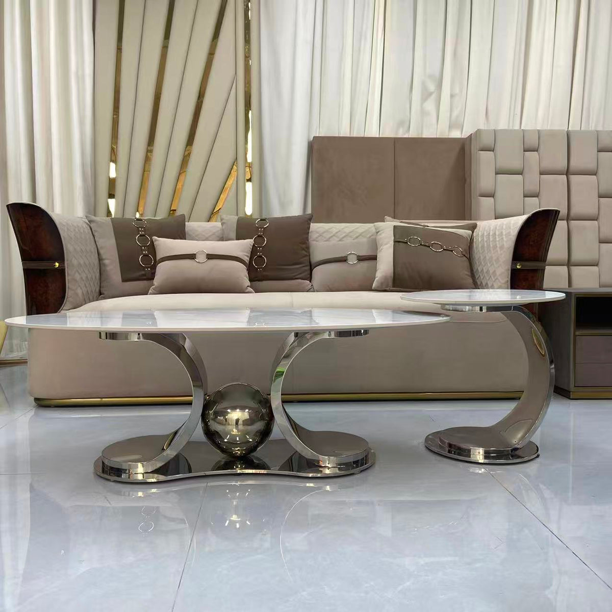 Oval Sintered Stone Coffee Table and Side Table - C2503