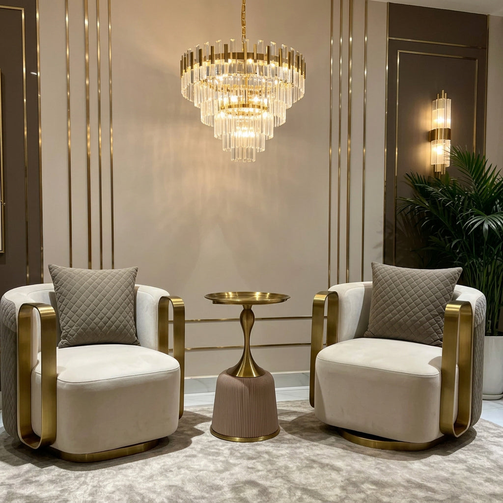 Two cream accent chairs with gold-tone arm detailing and quilted outer panels, styled beside a round pedestal table.