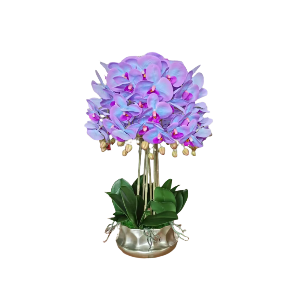 Large Stylish White Orchid and Silver Iron Pot Available at RBM Classic Home