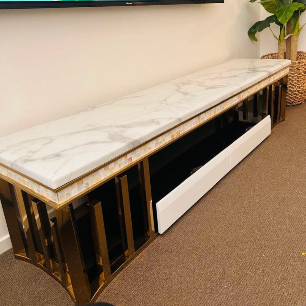 Gold White Grey Marble TV Stand with White Grey Marble Top