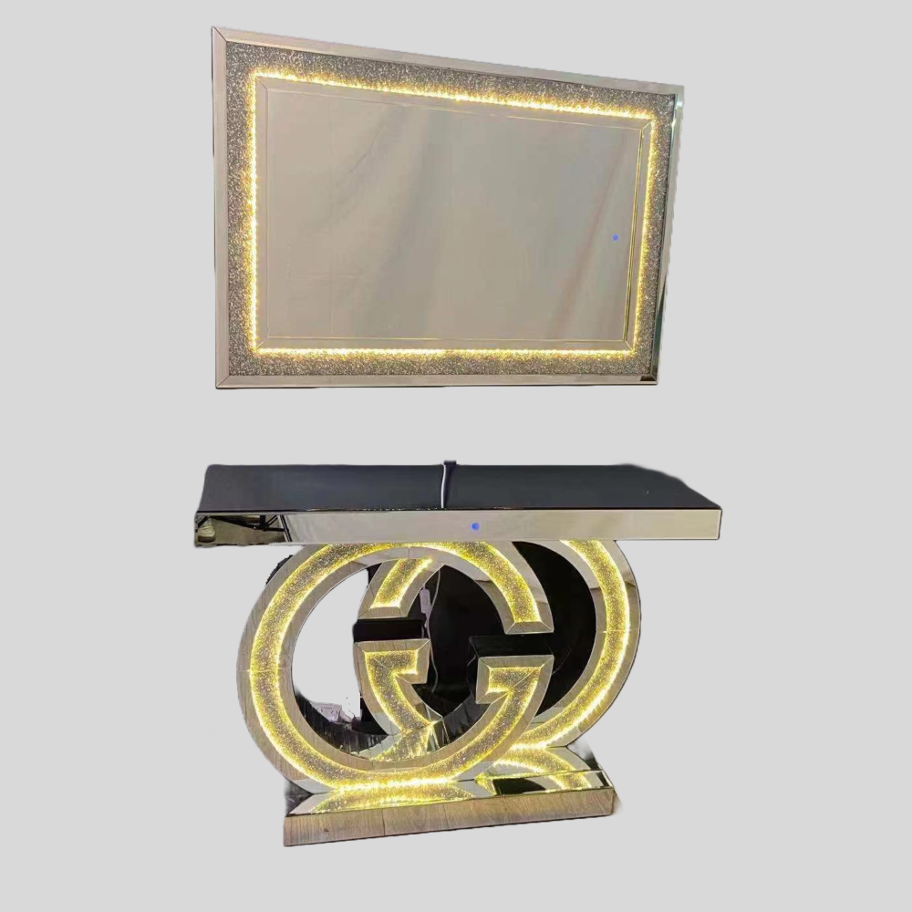 GG Style Mirrored Glass Hallway Console Table and Rectangle Mirror in Silver with LED lights