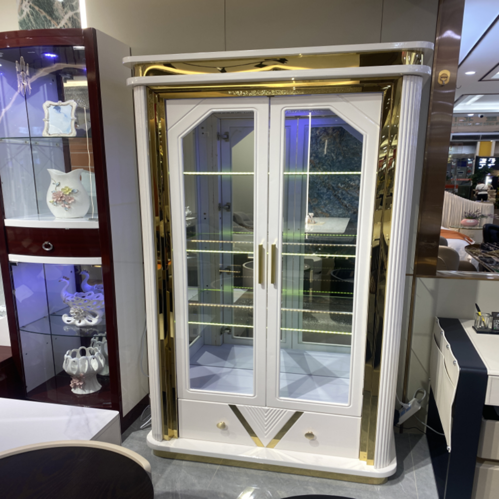 Gold and White Display Cabinet with 2 Big Shelves and 2 Drawers