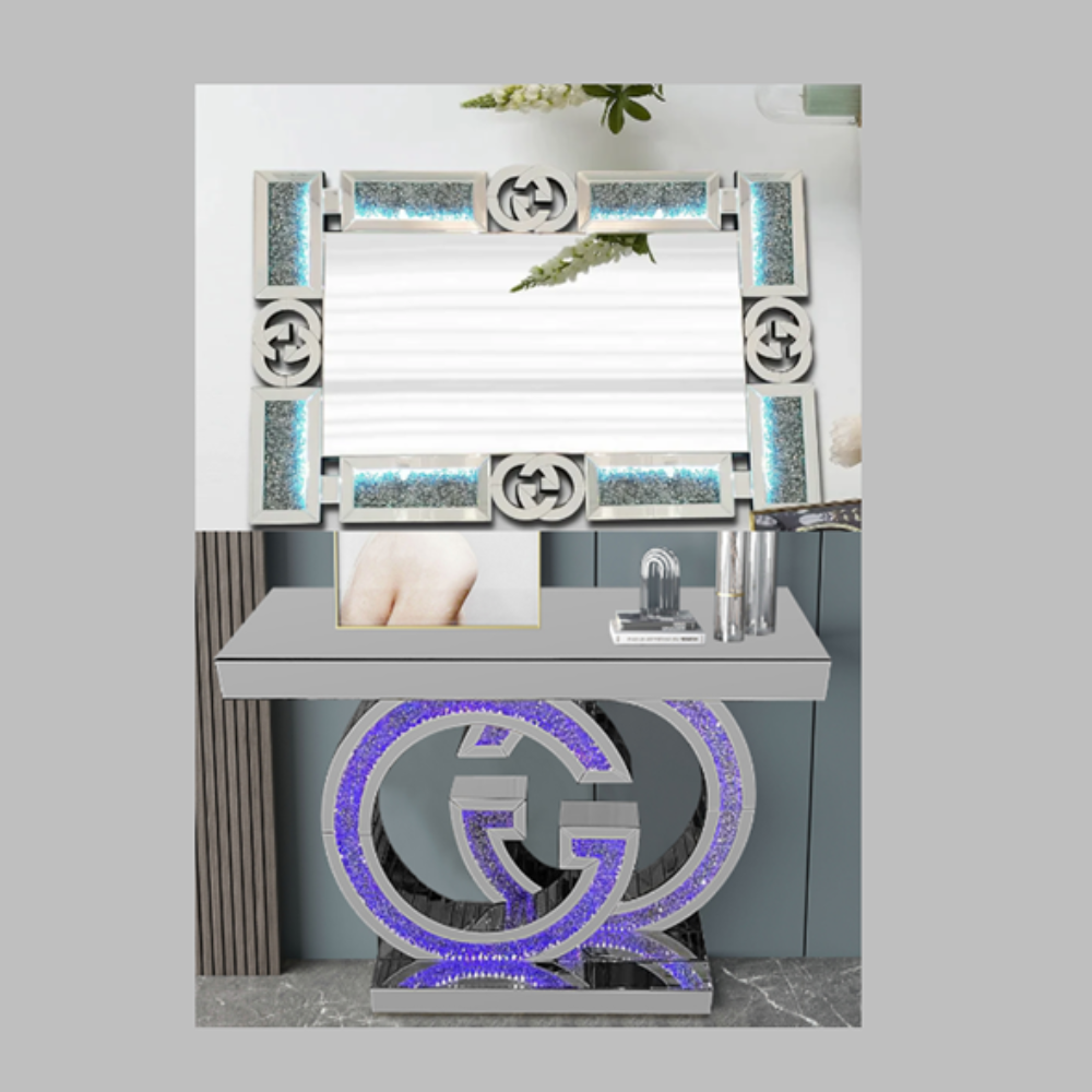 GG Style Diamond Crushed Mirrored Glass Hallway Console Table and Round Mirror in Silver with LED lights