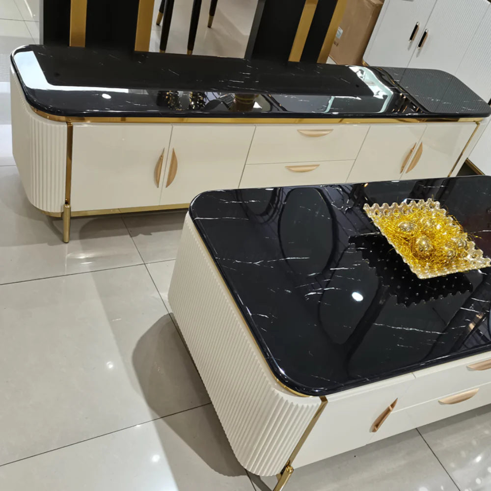 Cream Modern-Designed Classic TV Stand with 2 Drawers  and 4 Shelves in Gold Stainless Steel Frame