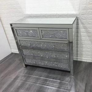 Diamond Crushed Chest of Drawers / Tallboy with 5 Draws in Silver Colour
