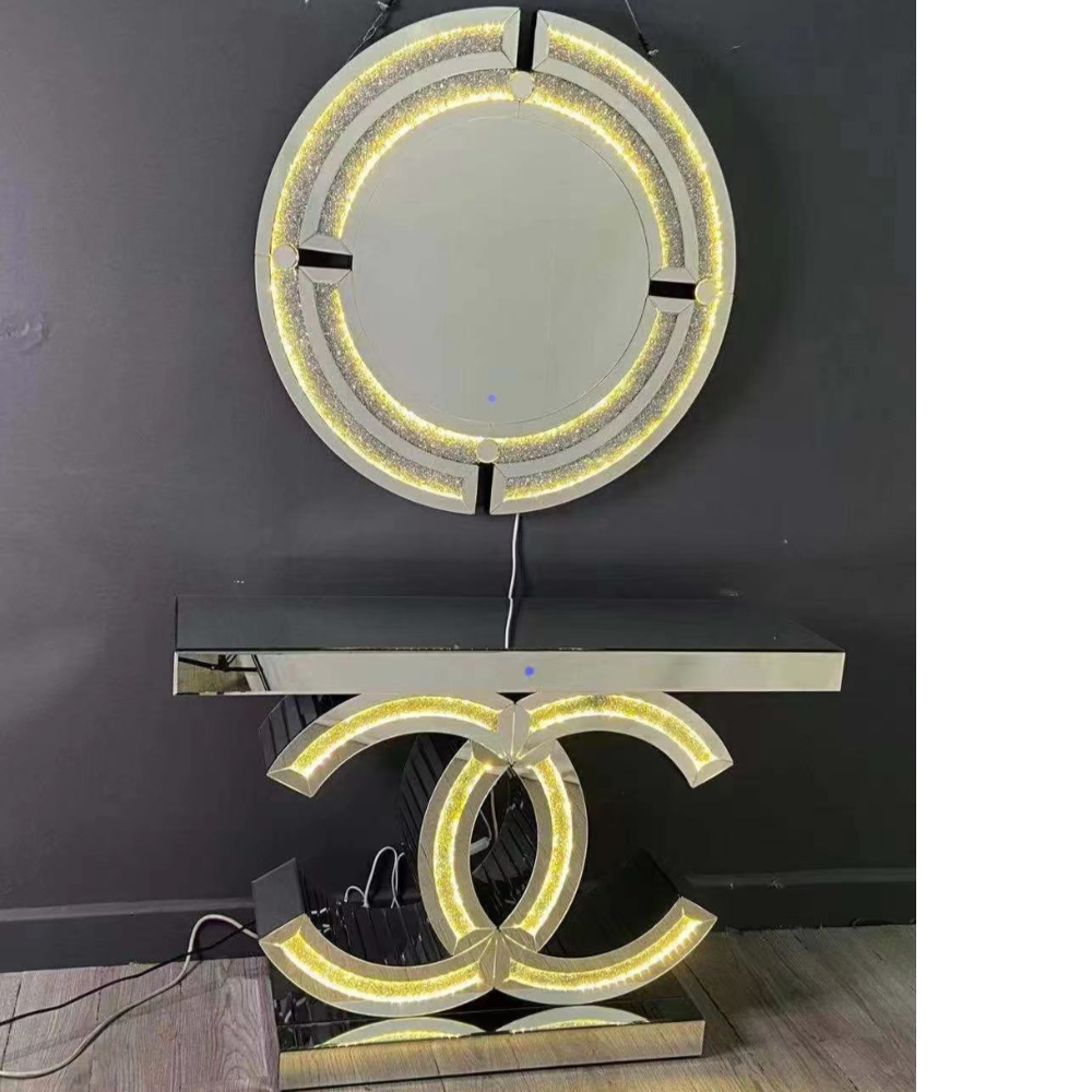 Chanel Mirrored Glass Hallway Console Table and Mirror with LED lights
