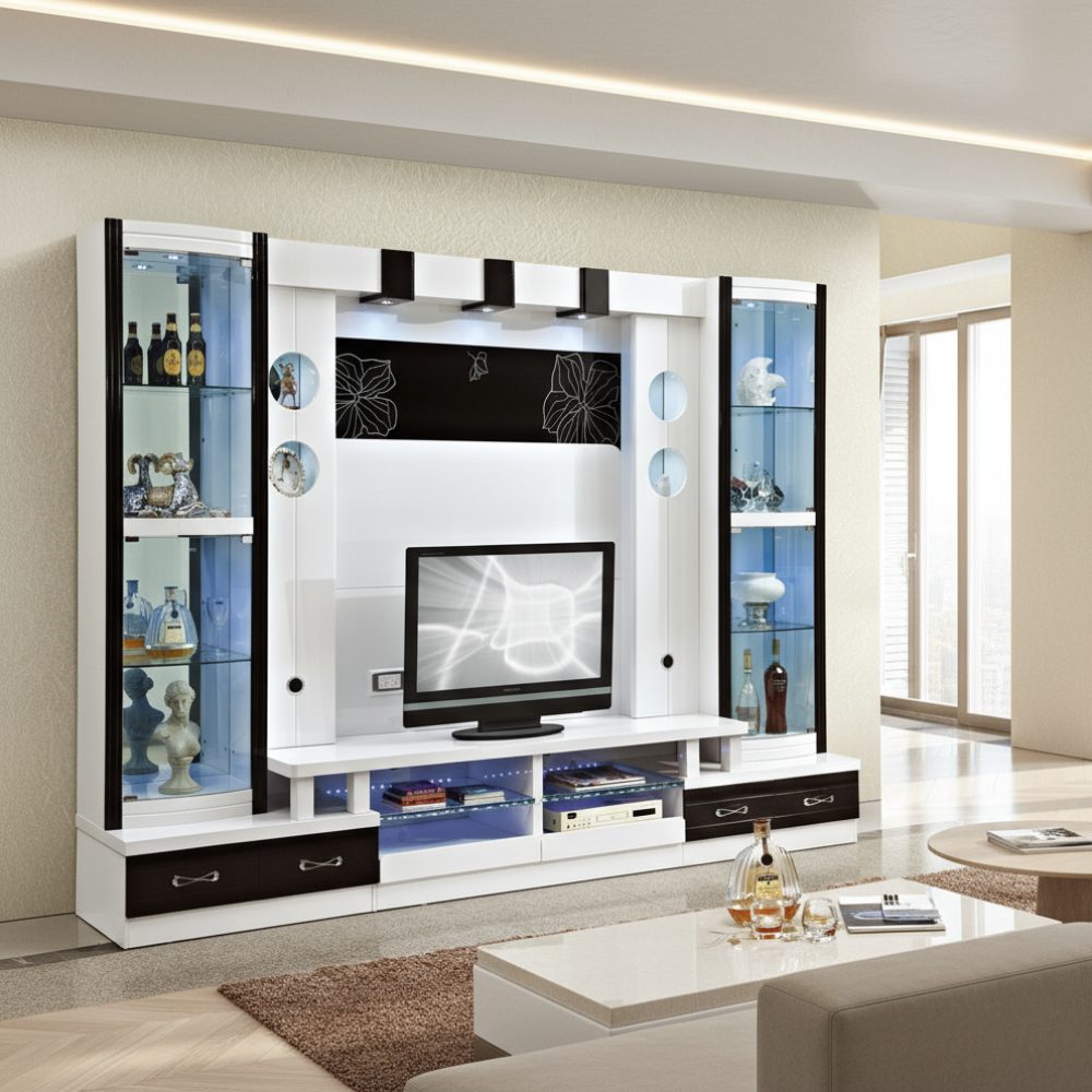 Modern living room with a white entertainment center featuring shelves and a TV.