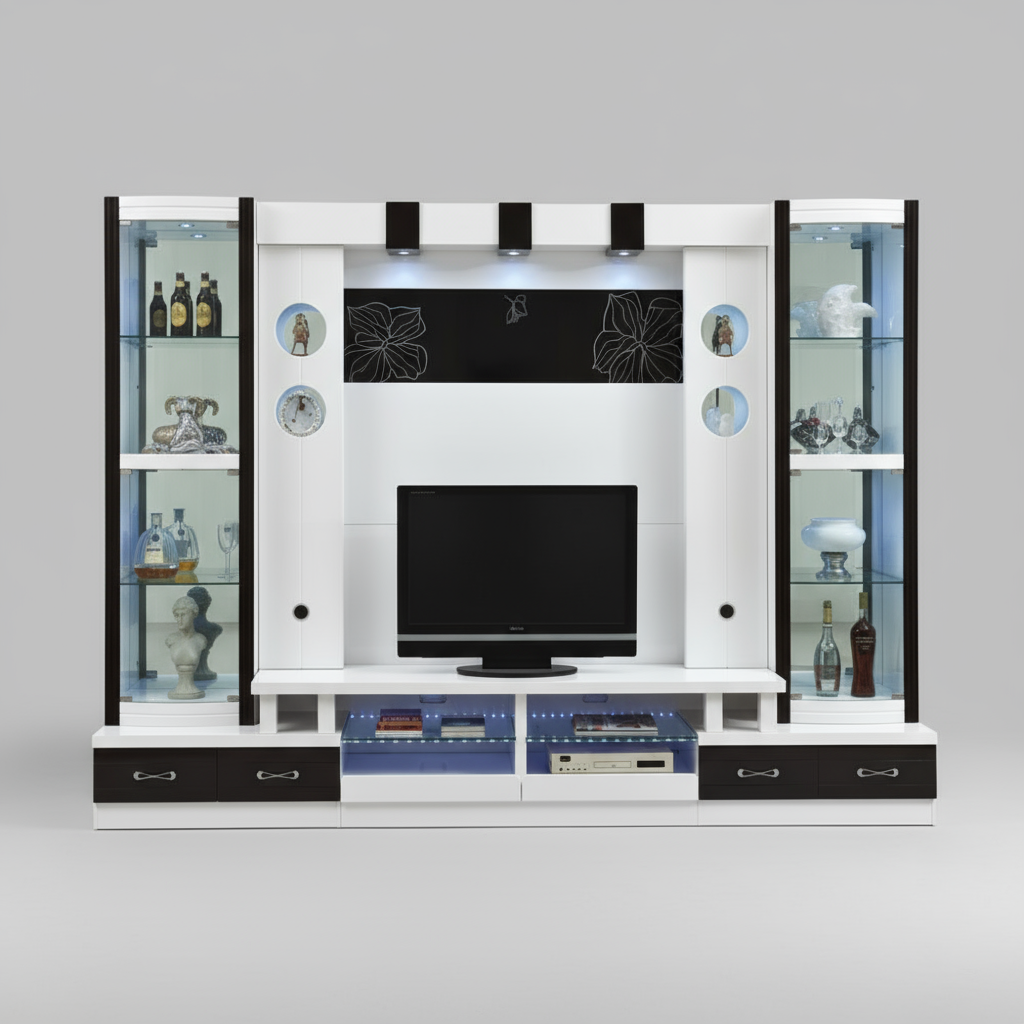 Modern living room with a white entertainment center featuring shelves and a TV.