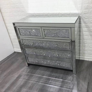Diamond Crushed Chest of Drawers / Tallboy with 5 Draws in Silver Colour