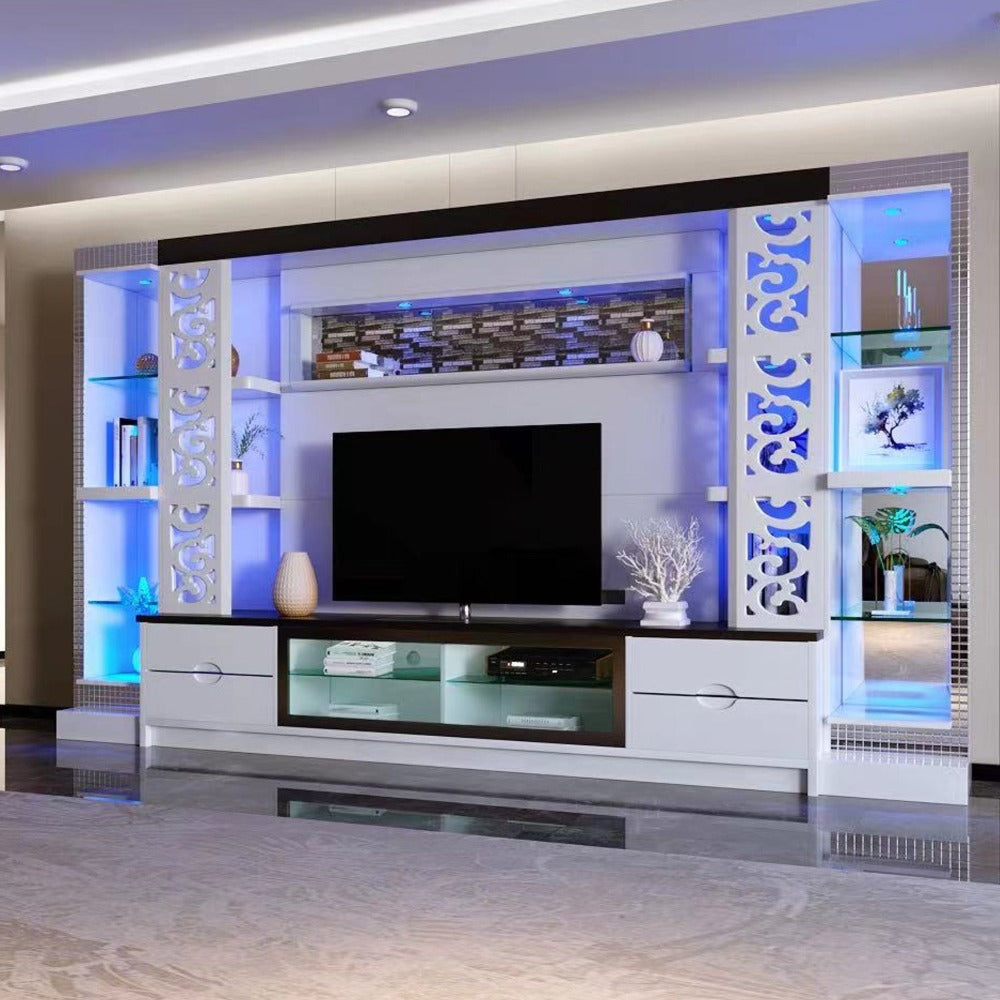TV Wall Cabinet / Unit Modern Classy Wall Cabinet / TV Stand In White MDF and Golden Trim Handles Finish for a Stylish Look