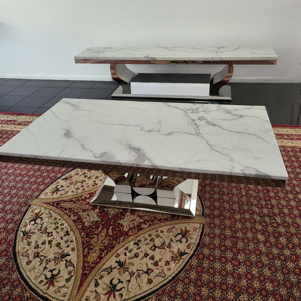 Modern Marble TV Stand / Unit / Entertainment Unit with 2 Storage Drawers and Coffee Table