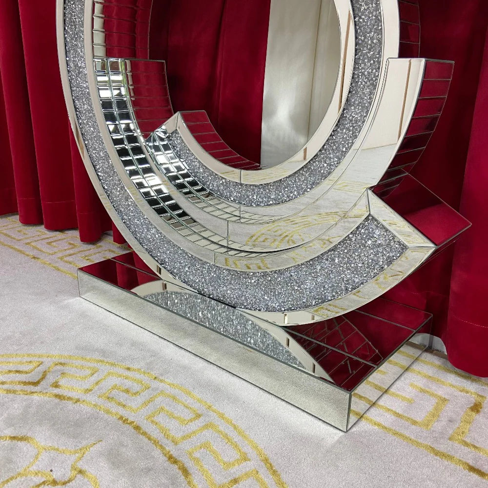 Modern and Classy Rose Gold Eclipse Style Hallway/Entry Console Table with Diamond Crushed Glass