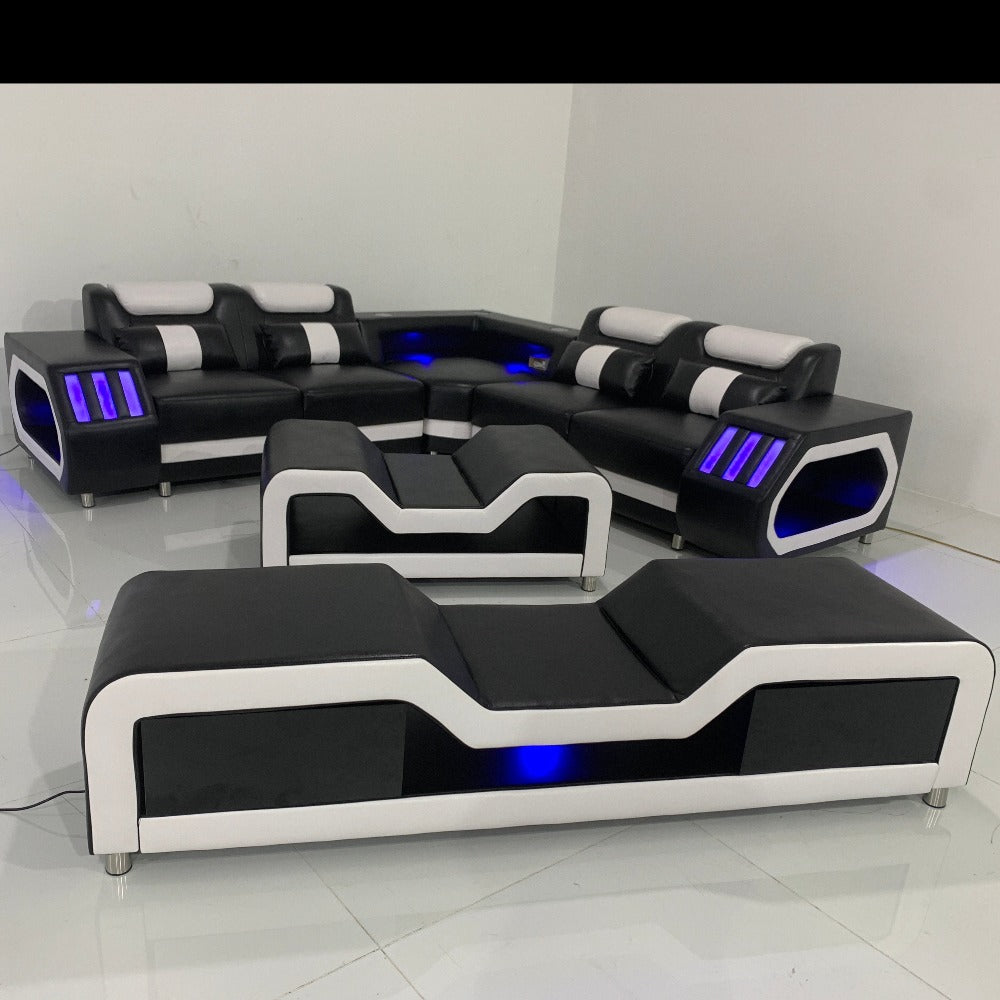 L-shaped Comfortable Sofa set with the Ultimate Covering in Black and White Leather