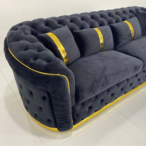 Luxury, Stylish and Comfortable Sofas / Couches in Dark Blue Velvet Material with Golden trims