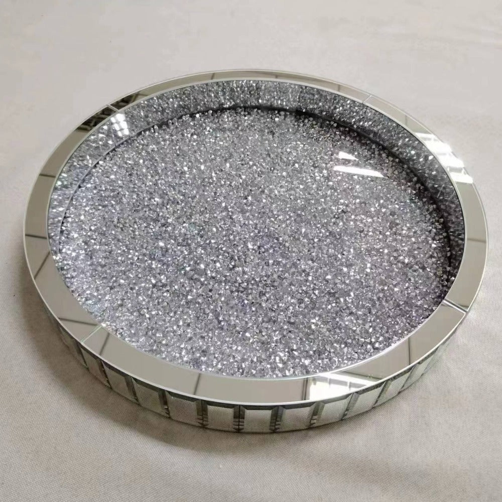 Circle/Round Beautiful and Classic Diamond Crushed Glass Decorative Mirror in Silver