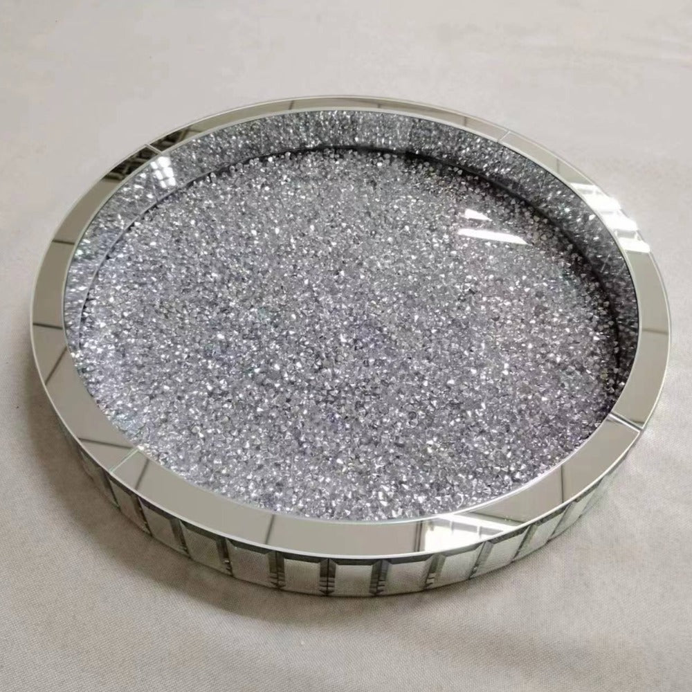 Round Beautiful and Classic Diamond Crushed Glass Decorative/Serving Tray in Silver