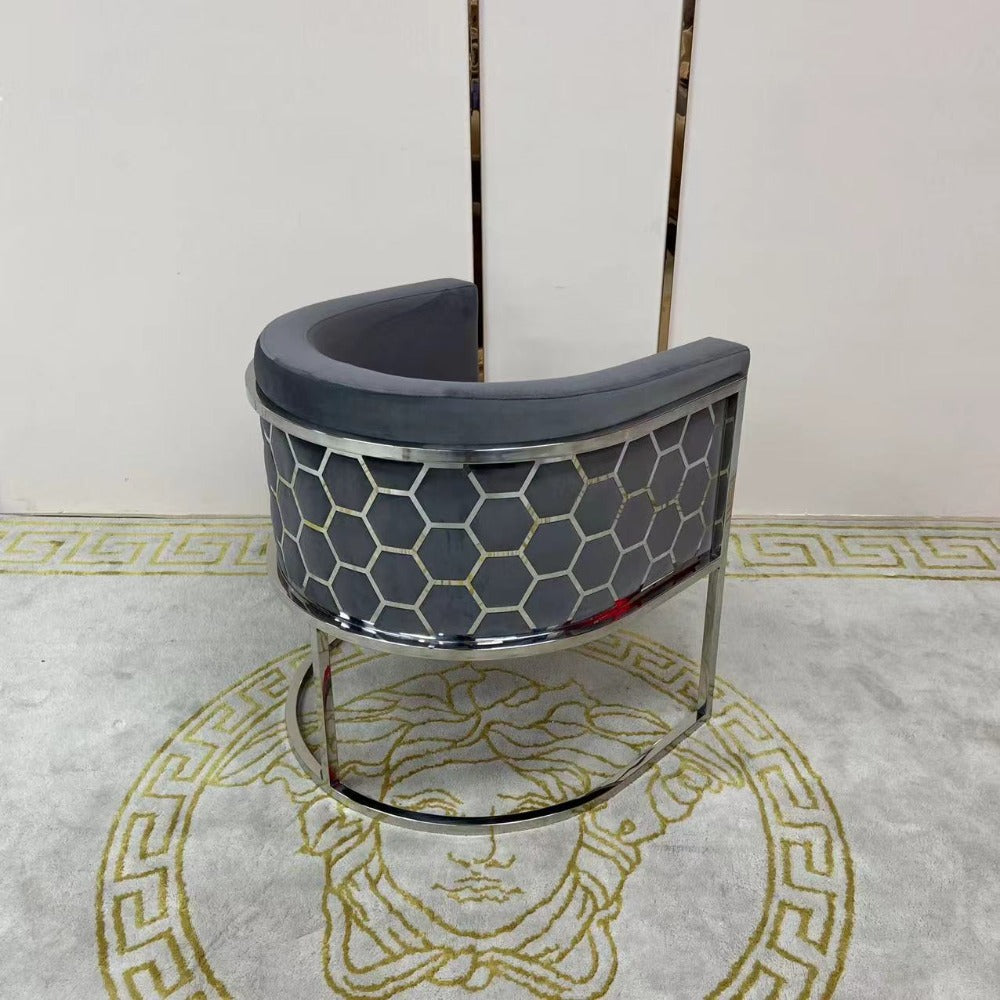 Classy and Elegant Design Grey Velvet Dining Room Chairs in Silver Stainless Steel frame