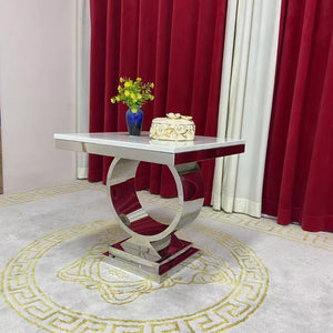 Classic and Marble Top Square Side Table with Silver Stainless Steel Frame