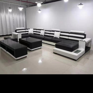L-shaped Comfortable Sofa set with the Ultimate Covering in Black and White Leather
