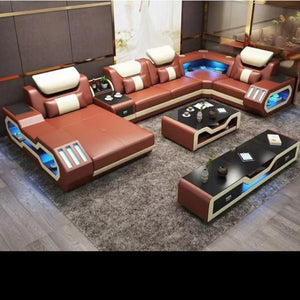 L-shaped Comfortable Sofa set with the Ultimate Covering in Brown and Whitee Leather