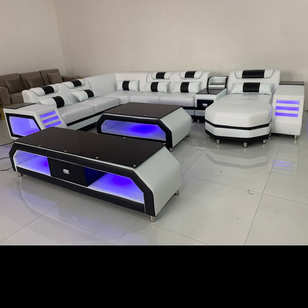 L-shaped Comfortable Sofa set with the Ultimate Covering in Black and White Leather