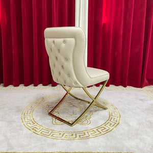 Gold / Silver Ashton Cream Leather Dining Room Chairs with LV shaped Marble Dining table on a Silver Stainless Steel Frame