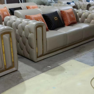 Luxury, Stylish and Comfortable Sofas / Couches in Cream Leather Material with Golden trims