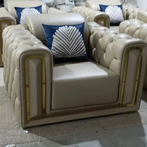 Luxury, Stylish and Comfortable Sofas / Couches in Cream Leather Material with Golden trims