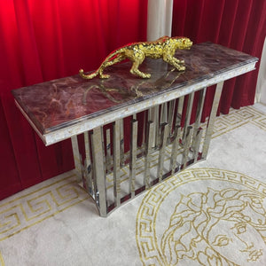 Modern Luxurious and Stylish Elegant Marble Console Table with Silver Stainless Steel Frame.