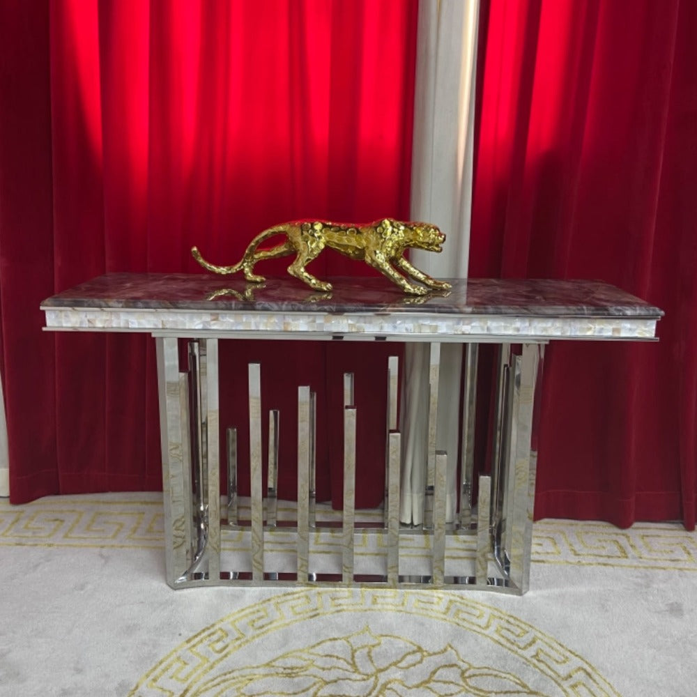 Luxurious and Stylish Elegant Marble Console Table with Silver Stainless Steel Frame.