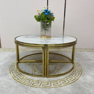 Circle / Round Gold Nested Marble Coffee Tables, 5 pieces in Gold Stainless Steel Material on Frames