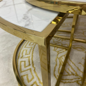 Circle / Round Nested White Grey Marble Coffee Tables, 5 pieces in Gold Stainless Steel Material on Frames