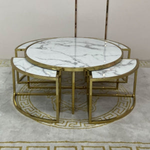 Circle / Round Gold Nested Marble Coffee Tables, 5 pieces in Gold Stainless Steel Material on Frames. set includes one large table and four small nesting coffee tables
