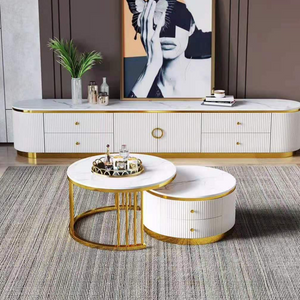 RMB Classic Home Online Shop / Store with a Range of Luxurious Circle / Round Gold Nested Marble Coffee Tables, 2 pieces in White MDF Stylish Modern Material